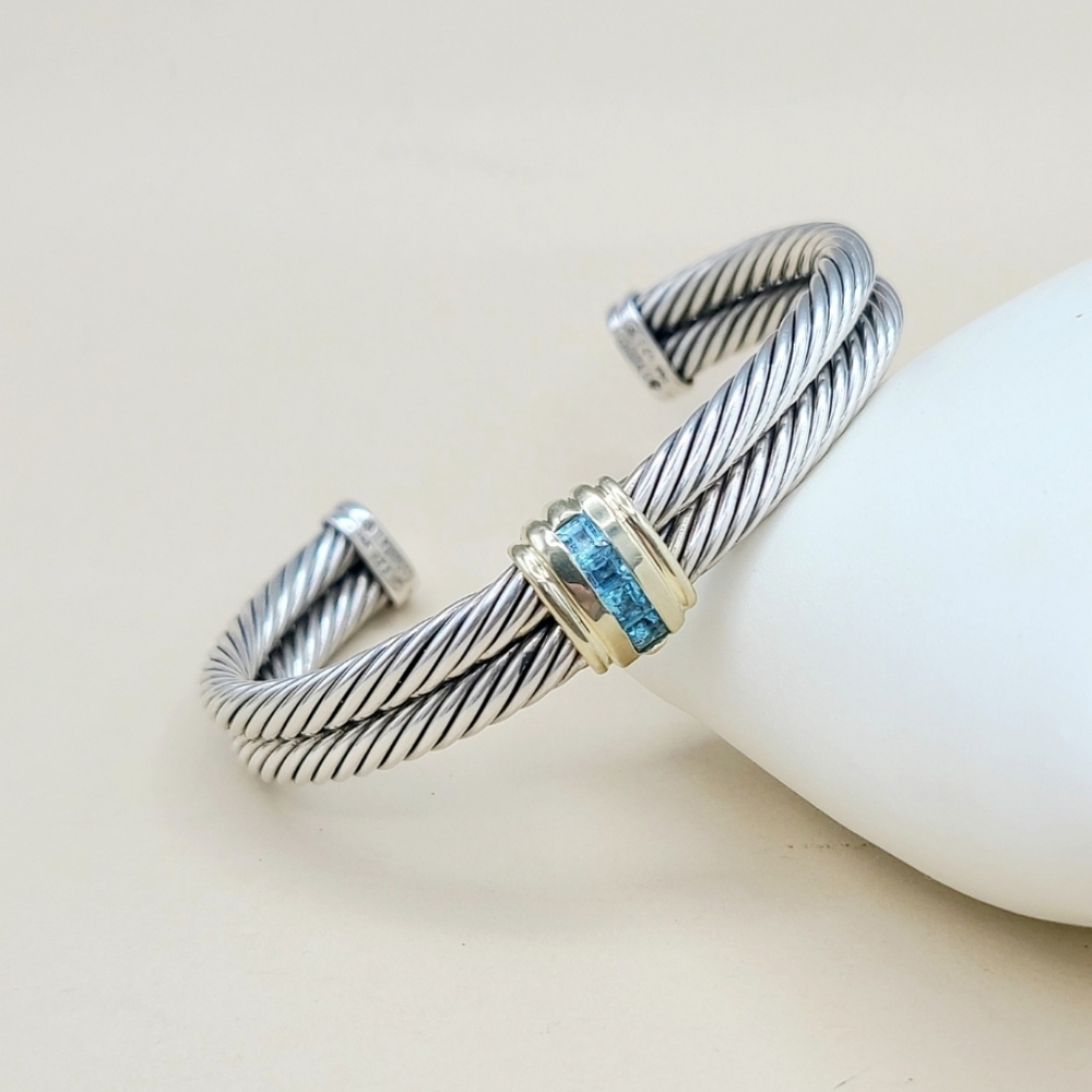 David Yurman Double Cable Renaissance Station Bracelet With Blue Topaz And Gold